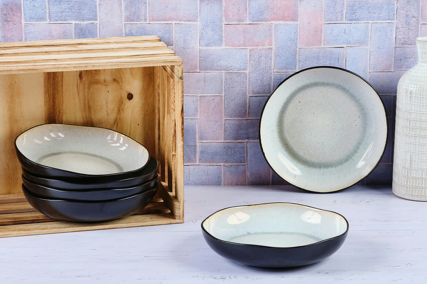 REACTIV - Lot de 6 assiettes creuses en grès blanc D22.5