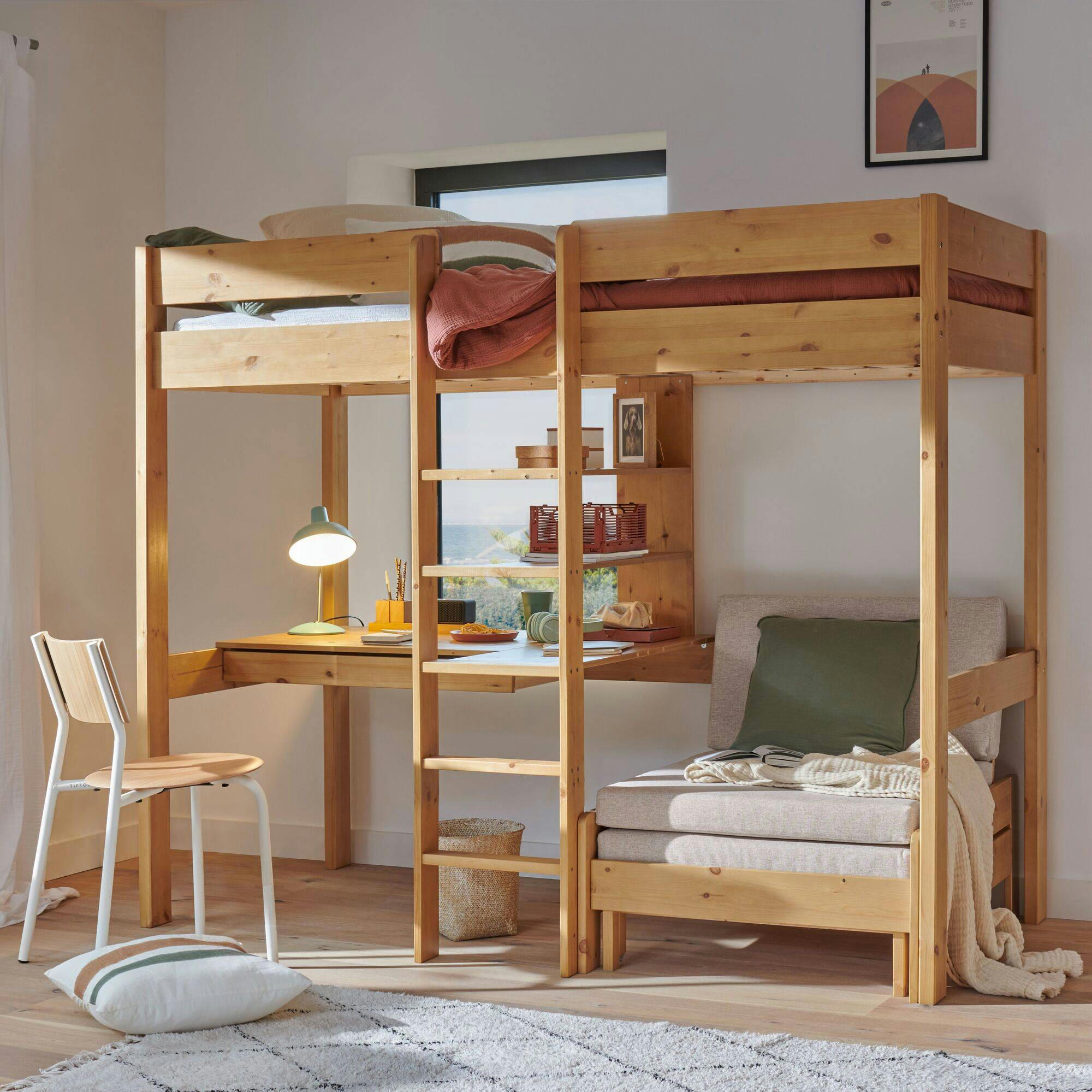 TIM - Lit mezzanine en bois avec son fauteuil 90 x 190 cm miel