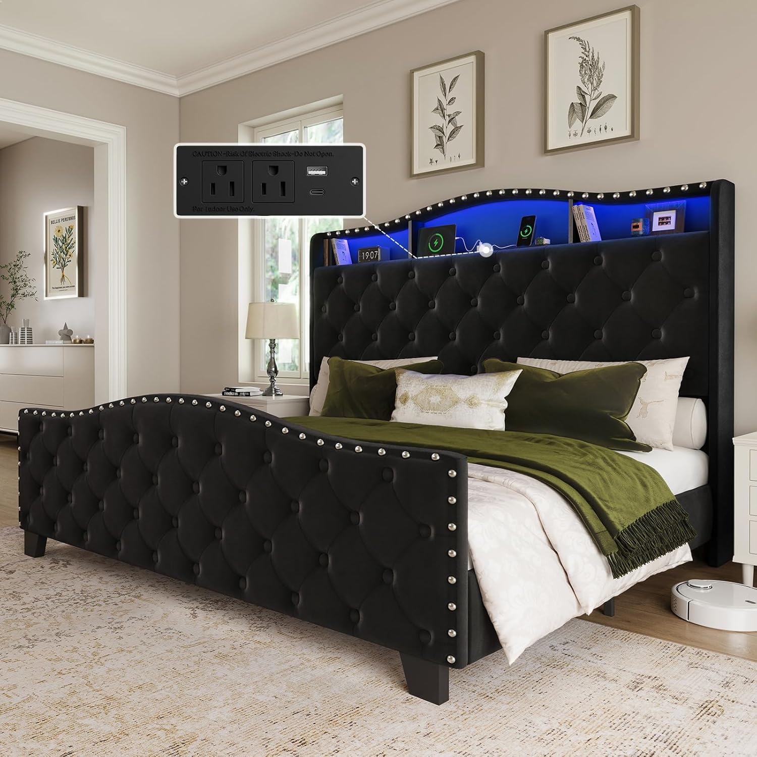 Belffin Queen Size Bed Frame and Headboard, 50.9 Velvet Upholstered Wingback Bedframe with LED Lights & Storage/Charging Station, Button Tufted Tall Footboard, No Box Spring Needed, Noise-Free, Black