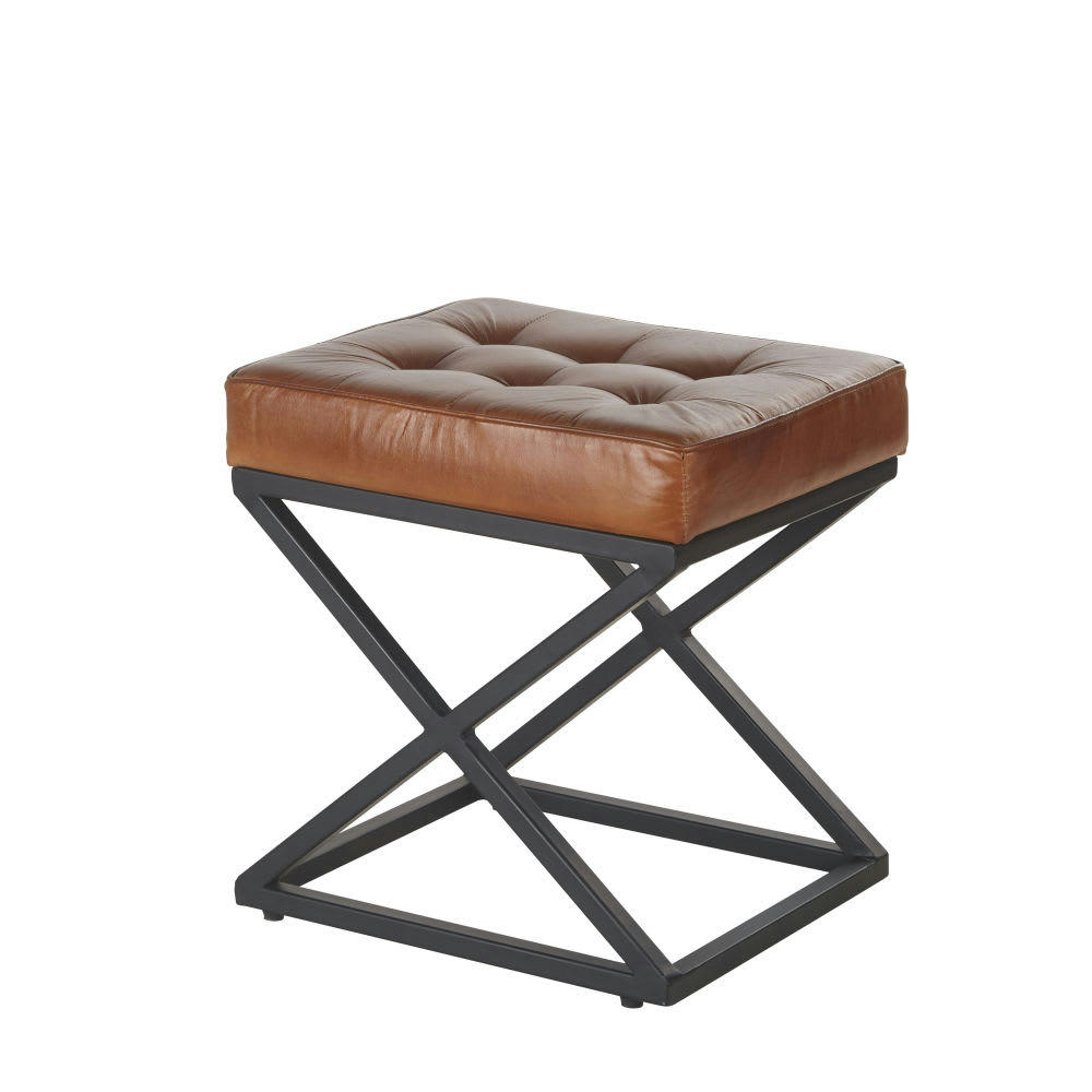HENOR - Tabouret en cuir marron et métal noir