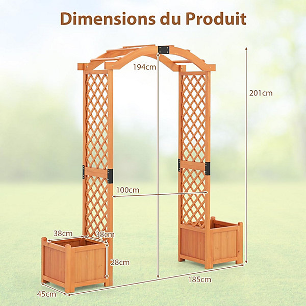 Arche de Jardin avec 2 Jardinières Surélevées 200CM, pour Plantes,Fleurs Herbes Légumes Fruits en Bois Massif, Porte Allée Jardin
