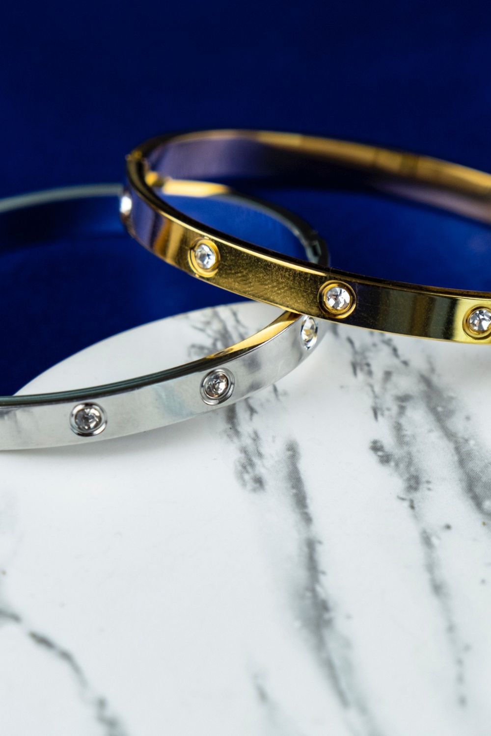 The Colourful Aura Stainless Steel Wide Crystal Zircon Oval Geometric Open Split Cuff Bangle