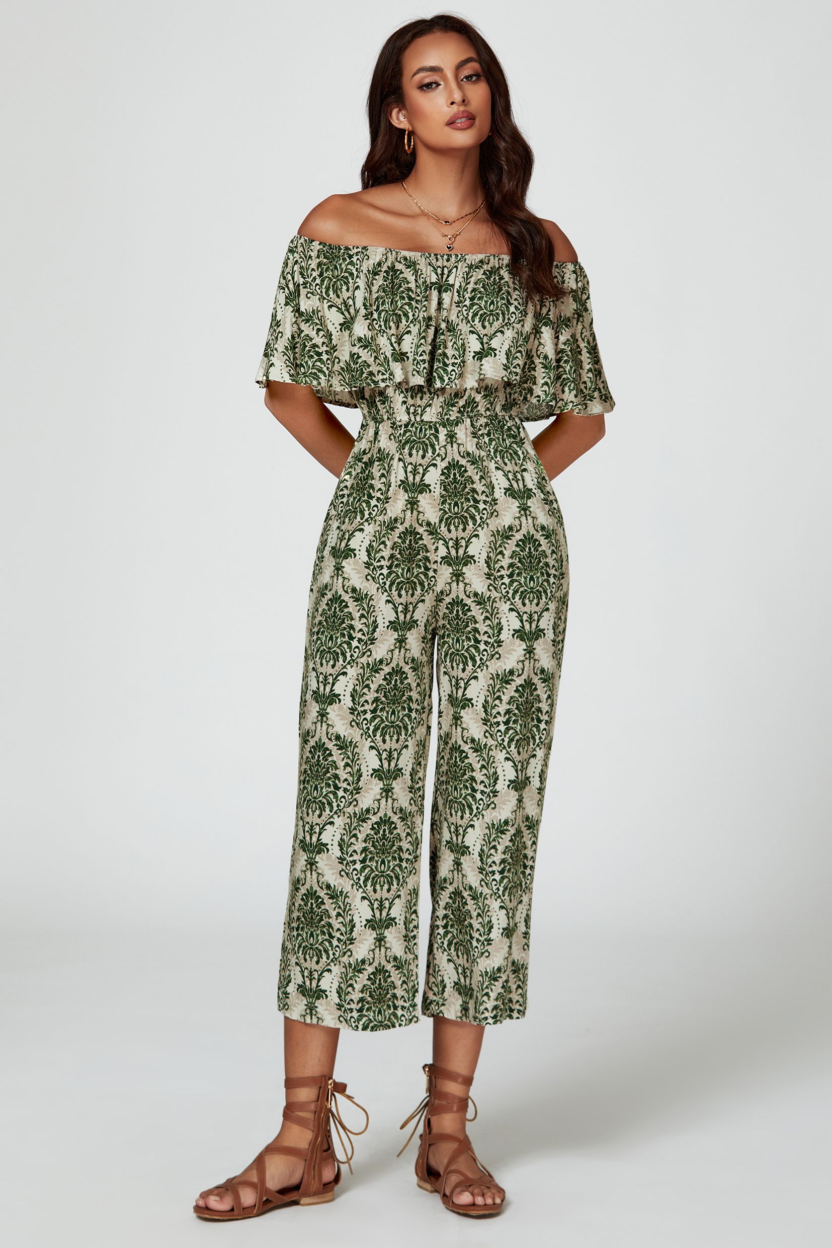 FS Collection Off The Shoulder Print Frill Jumpsuit In Green