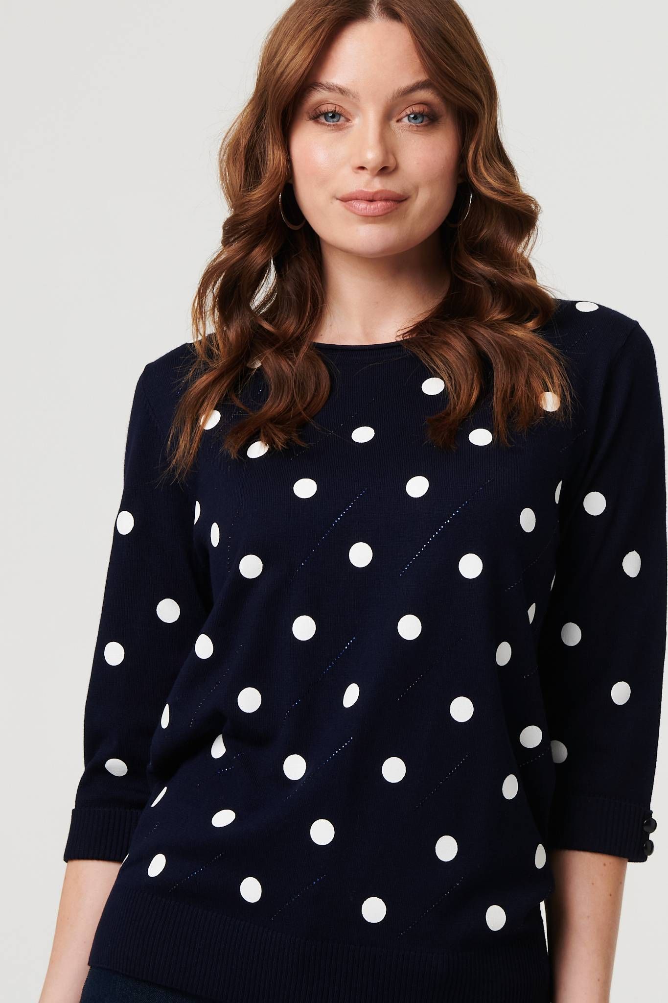 Izabel London Polka Dot Print 3/4 Sleeve Slim Jumper