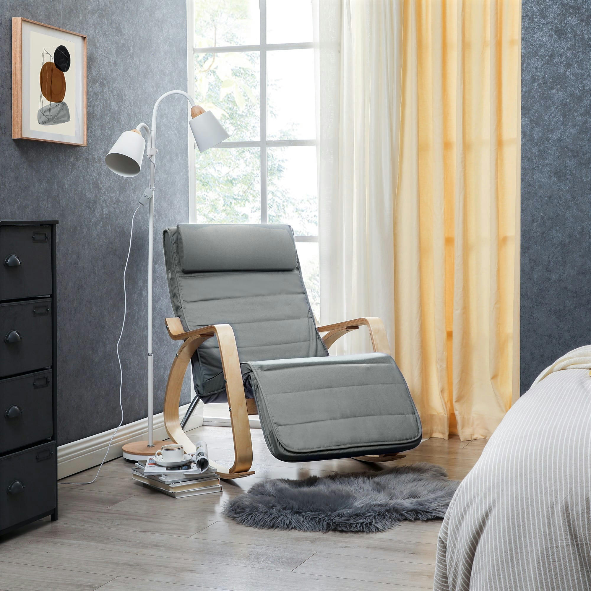 - Fauteuil à bascule moderne tissu bois gris clair
