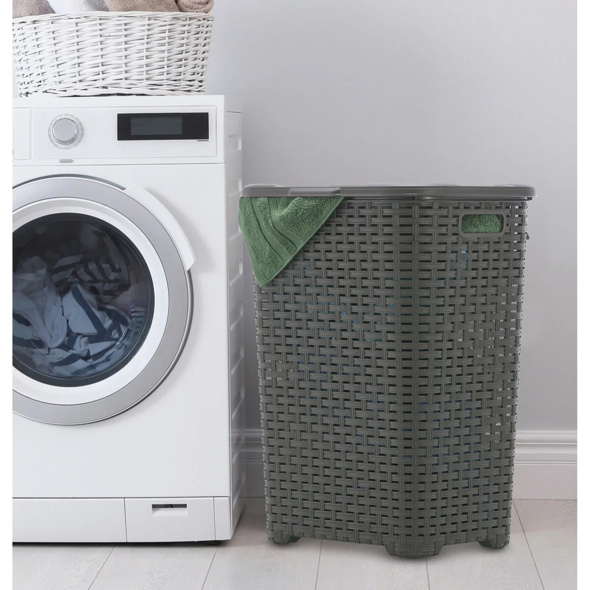 Superio Plastic Wicker Laundry Hamper with Lid Large Capacity - Capacity: 60l
