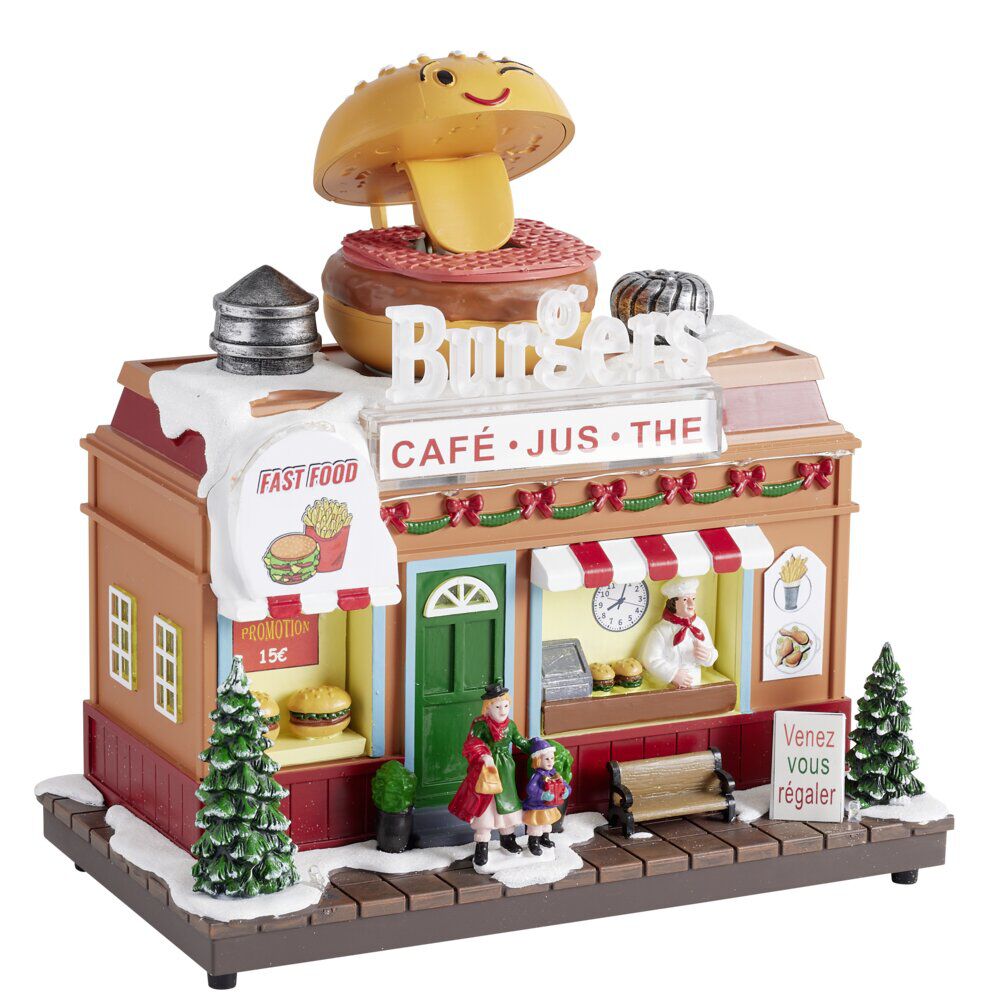 Village de No&euml;l animé LED et son scène restaurant 23x13,5xH20 cm