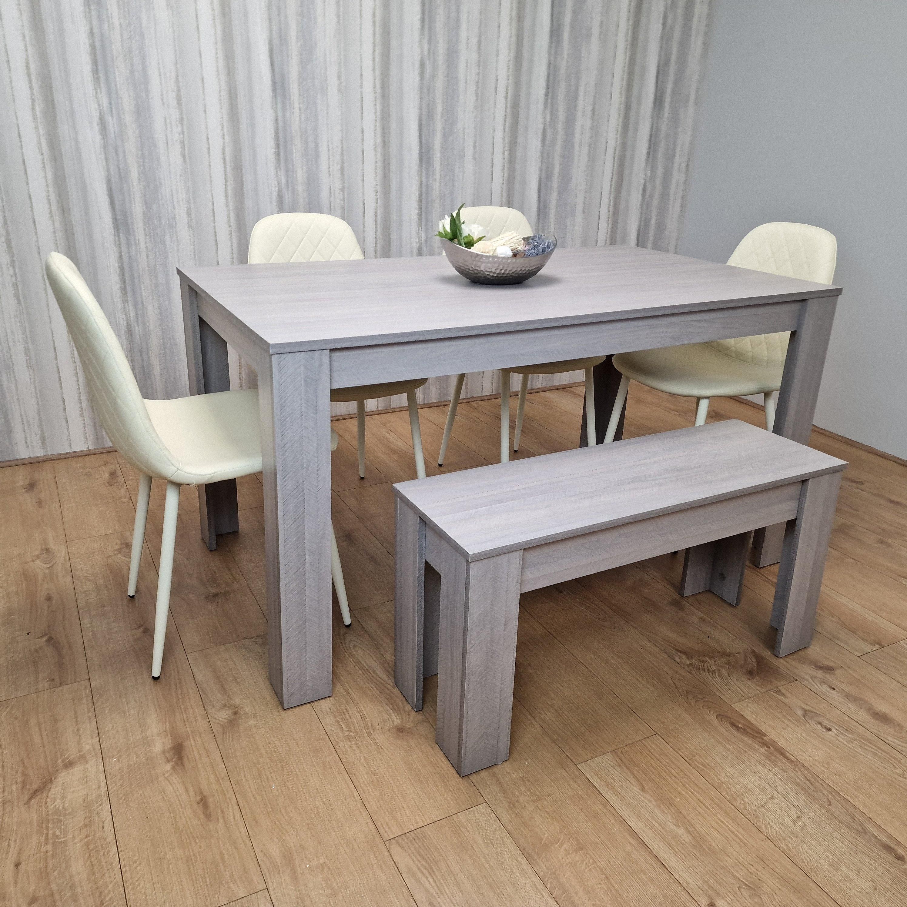 KOSY KOALA Dining Table Set In Grey, 4 Diamond-Pattern Cream Chairs, and 1 Bench. Kitchen Dining Table for 4