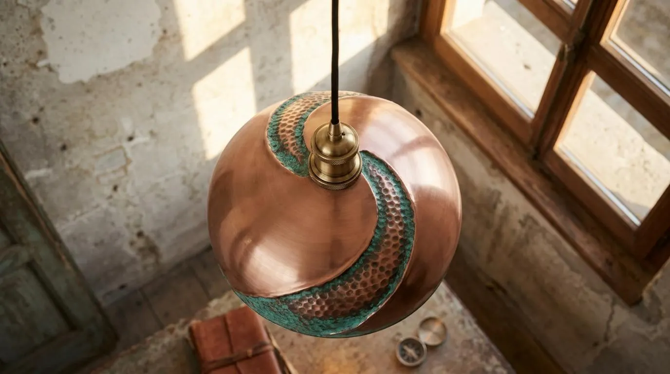 Hammered Copper Dome Pendant Light, Green Patina Artisan Hanging Lamp, Kitchen Island Lighting