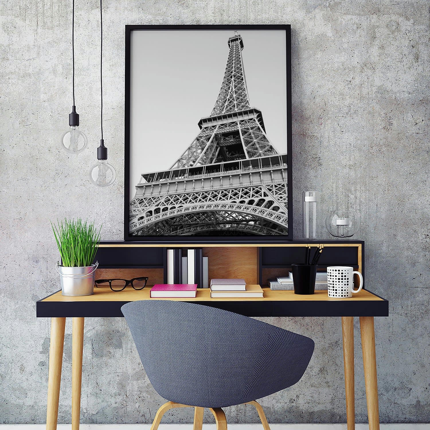 BW - Affiche avec cadre noir - Tour Eiffel vue d'en bas - 30x40