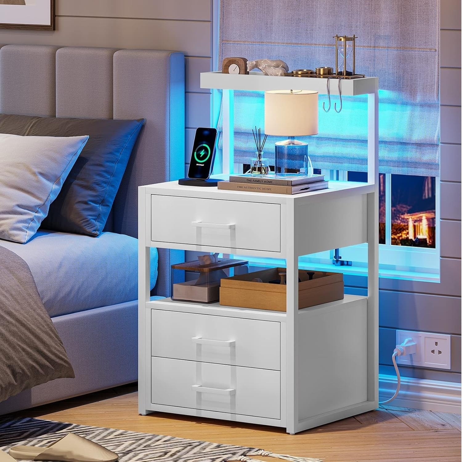 Nightstand Charging Station LED Lights End Table 3 Drawers