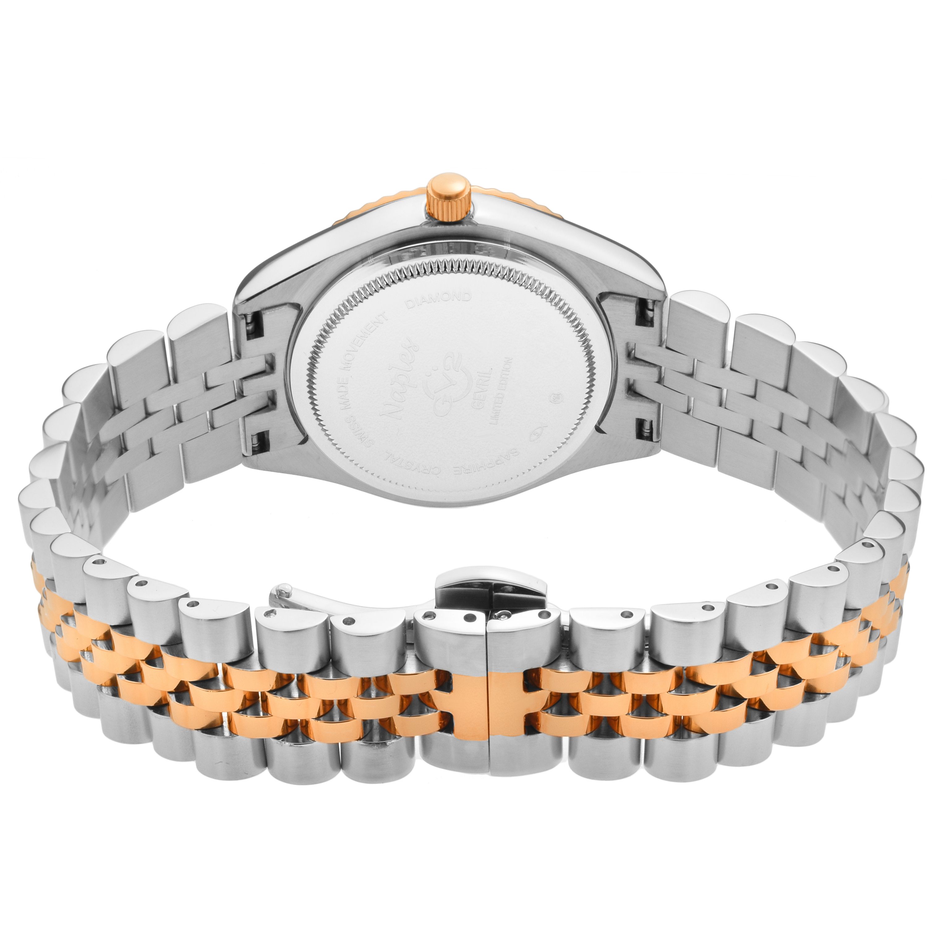 GV2 Naples 18 Diamond-Set Luxury Swiss Quartz Movement, Two-Tone Rose Gold and Stainless Steel Bracelet, Sapphire Crystal, Fluted Bezel 34 MM Watch