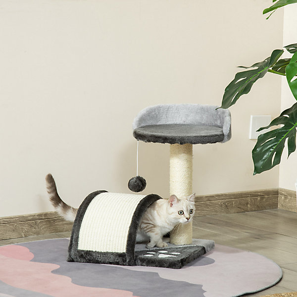 Arbre à chat griffoir grattoir design jeu boule suspendue   plateforme peluche sisal naturel gris