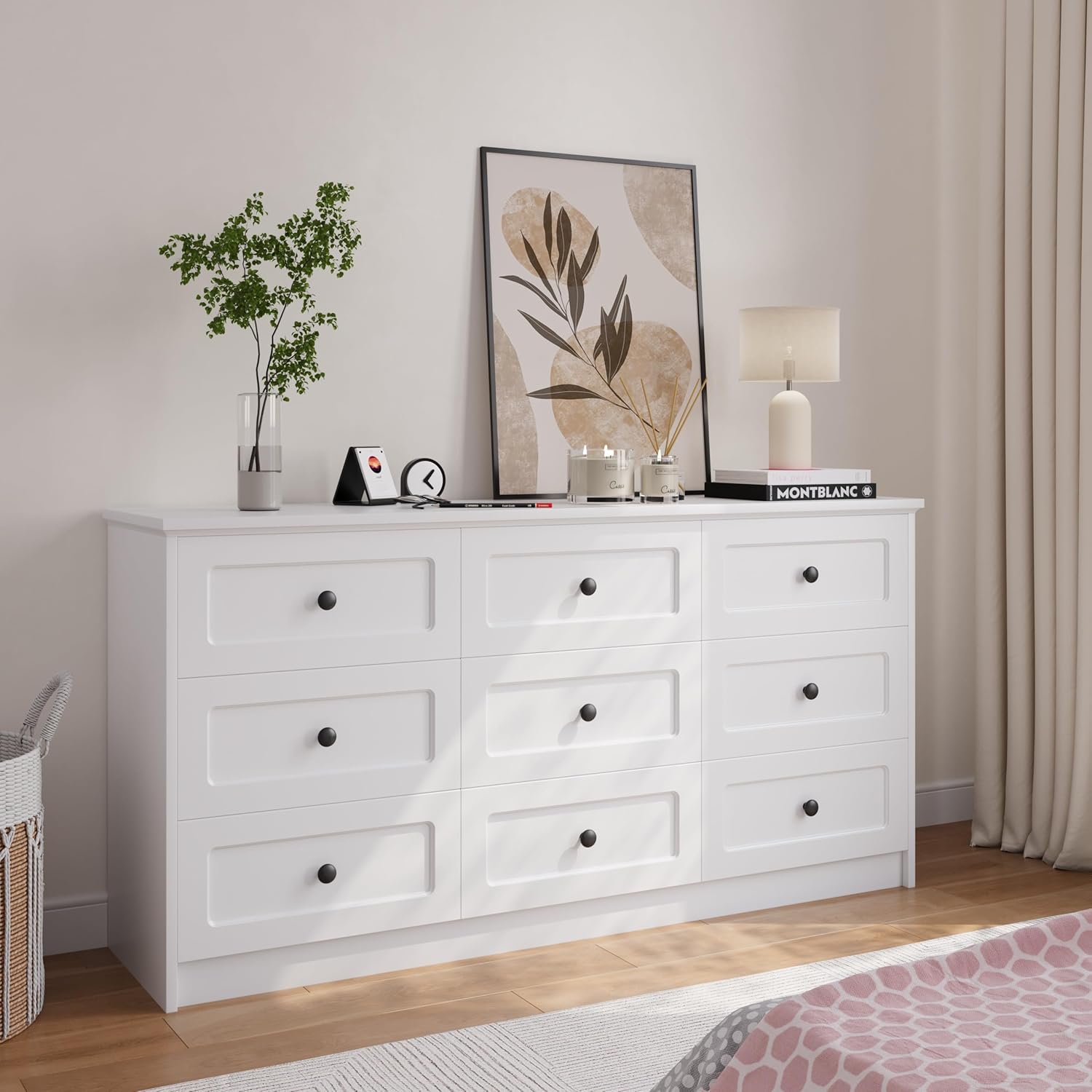63 Inch 9 Drawer Tall Dresser, White Dresser for Bedroom, Modern Chest of Drawers with Deep Drawers and Handles, Wooden Dressers TV Stand, Long Dressers Organizer for Living Room, Hallway