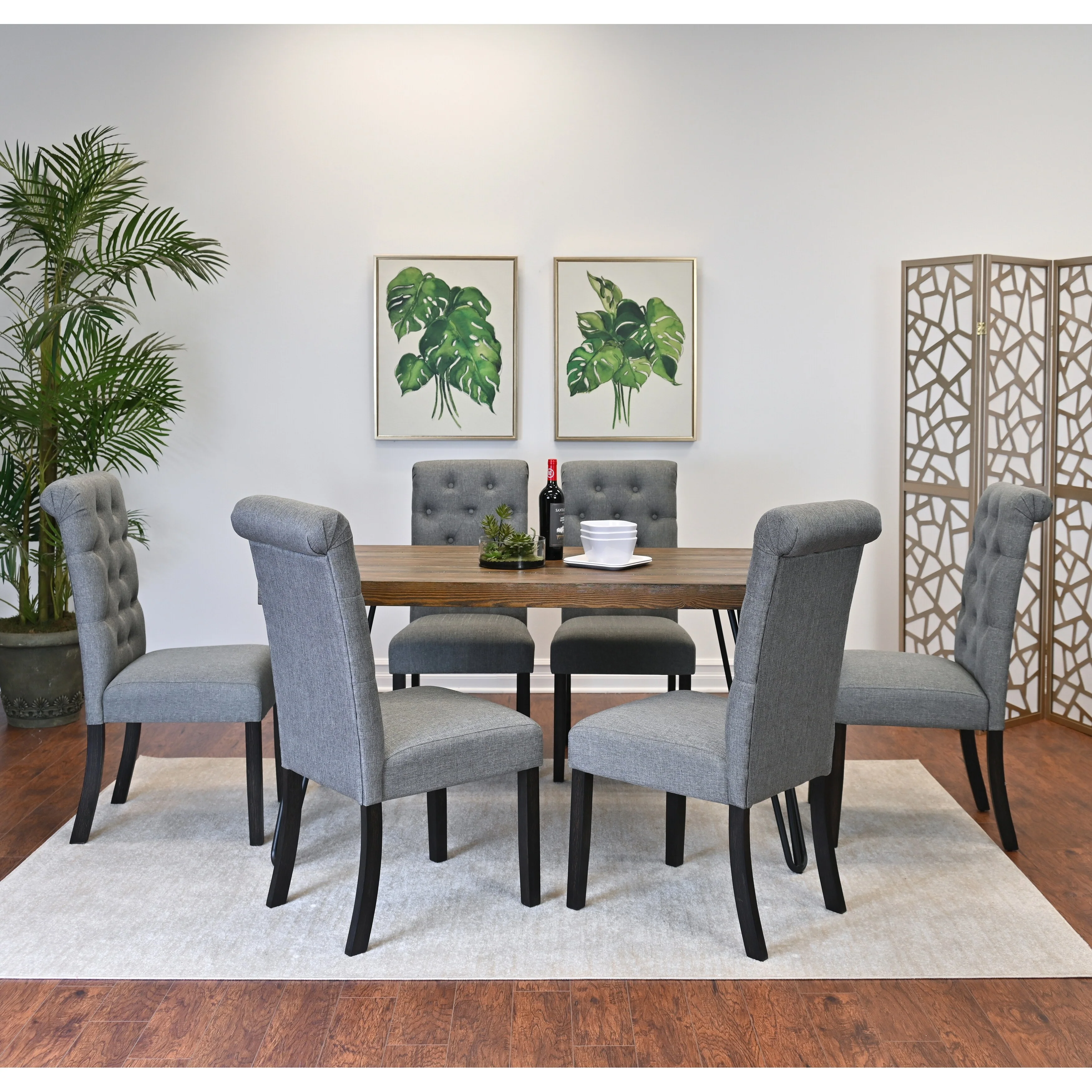7 Piece Dining Table Set for 6, Kitchen Metal Table Cushion Chairs Set with 6 High Back Button-Tufted Chairs, for Apartment