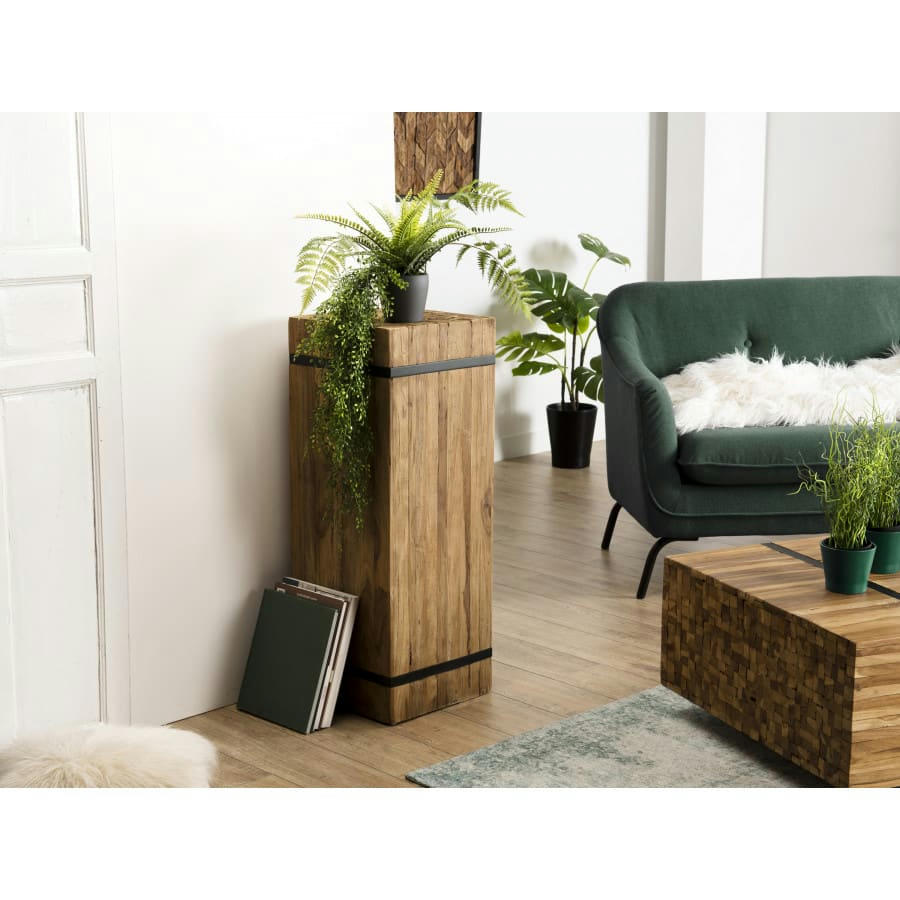 SUZY - Table d'appoint carrée L en teck recyclé cerclée métal noir L34