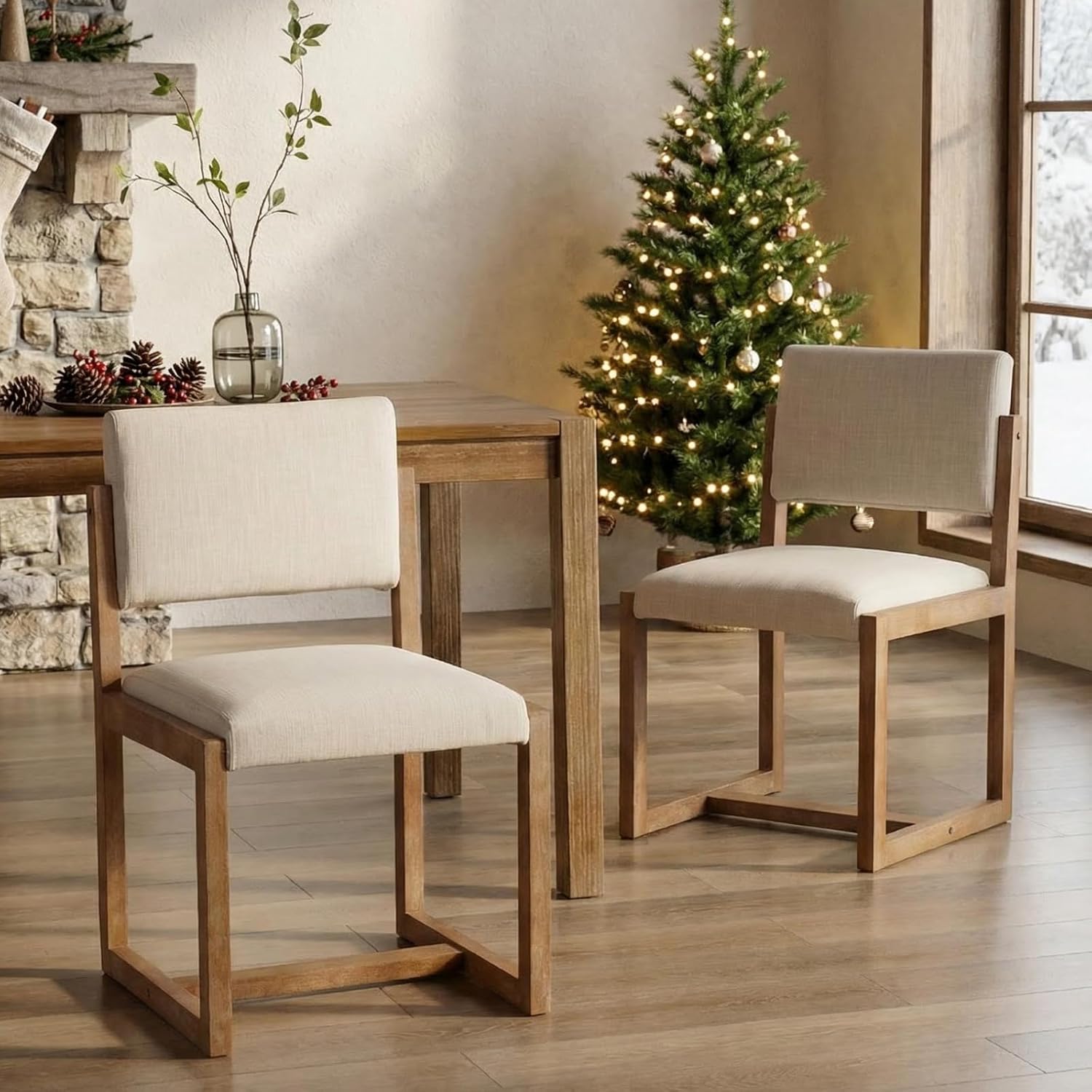 DUOMAY Upholstered Dining Chairs Set of 2, Mid-Century Modern Dining Room Chairs, Linen Fabric Kitchen Side Chairs with Wood Legs, Beige