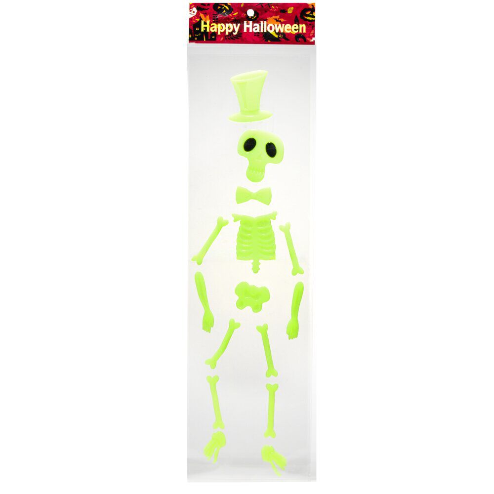 Sticker gel Halloween squelette chapeau vert phosphorescent 15xH55cm