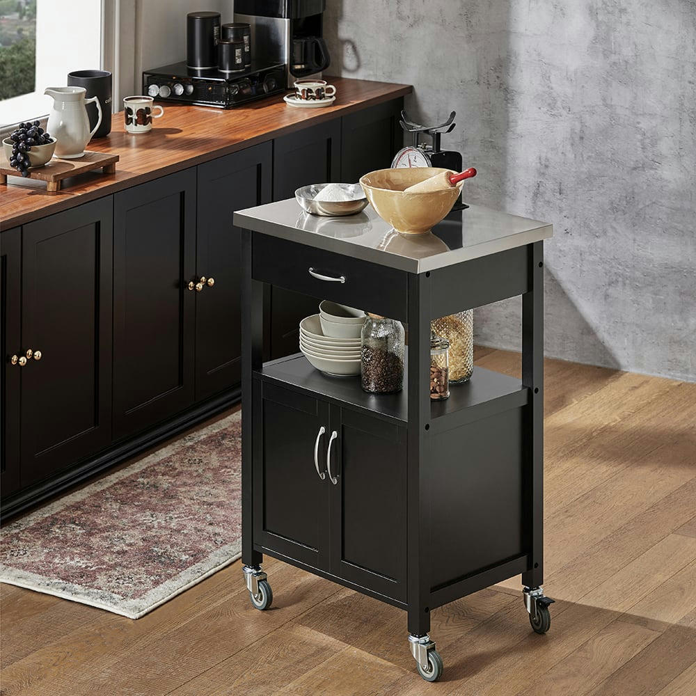 - Desserte effet bois noir à roulettes 1 tiroir 2 portes