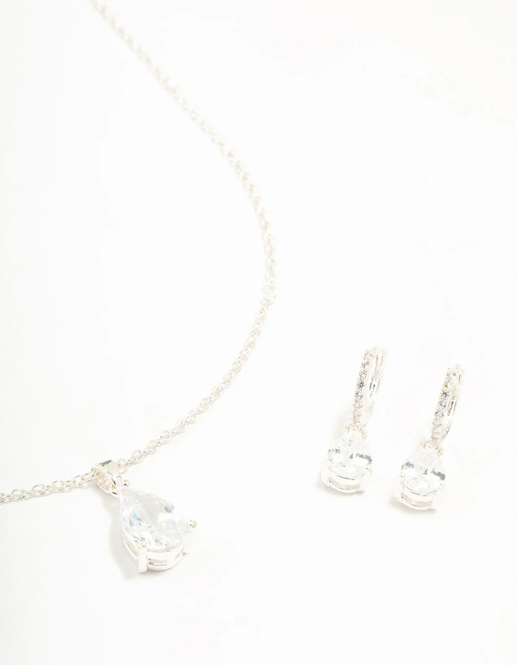 Silver Plated Cubic Zirconia Teardrop Necklace & Earrings Set