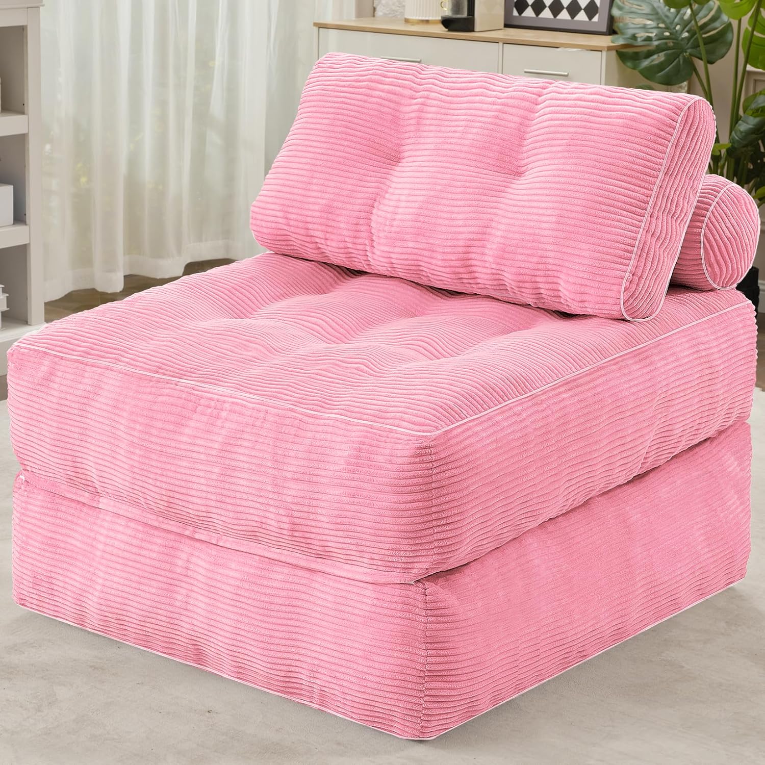 HABUTWAY Folding Sofa Bed, Convertible Sleeper Chair Bed w/Dual-Pillow & Handle, Foldable Floor Sofa Lounge w/Back Support for Living Room, Bedroom, Apartment, Office, Single, Pink