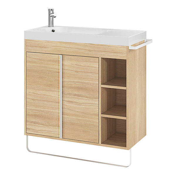 Ensemble meuble vasque faible profondeur effet bois avec porte-serviettes l.85 x H.82 x P.36 cm   plan vasque résine blanc   miroir, GoodHome Maza