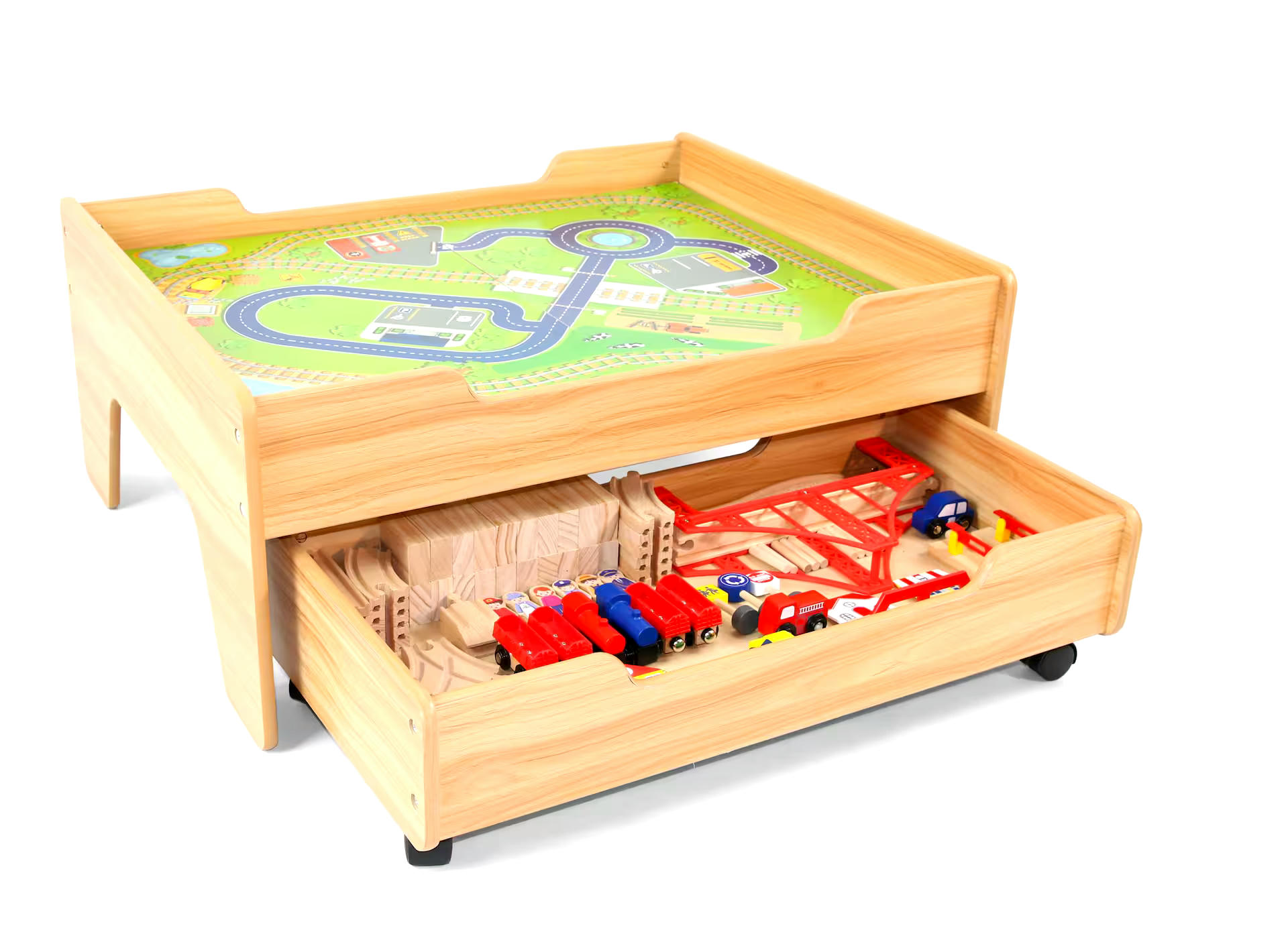 Kids' Wooden Train Track Set & Activity Table w/Rolling Storage Drawer, 100-Piece, Ages 5+