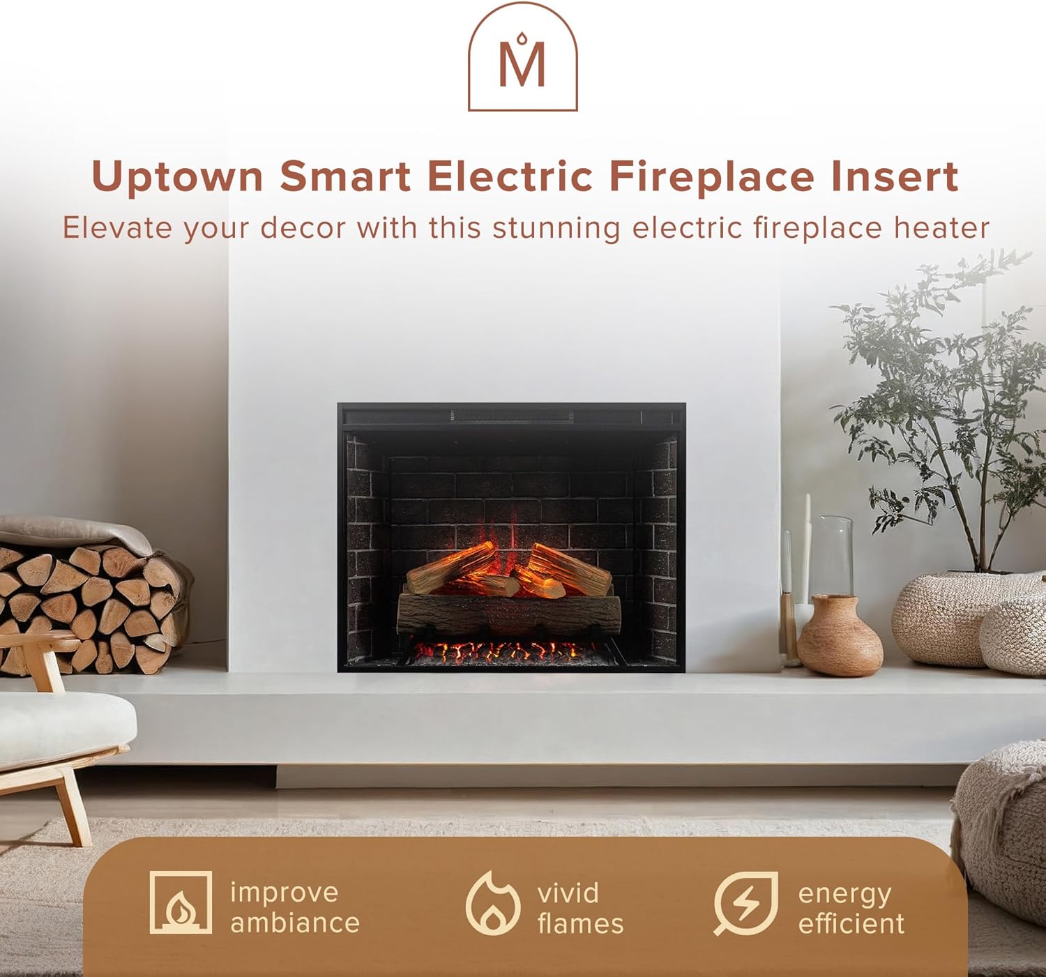 Modern Ember Uptown 33 Smart Electric Fireplace Insert with Remote Control, Compatible with Alexa - 1,000 Sq Ft Electric Heater with Realistic Flames and Log Set