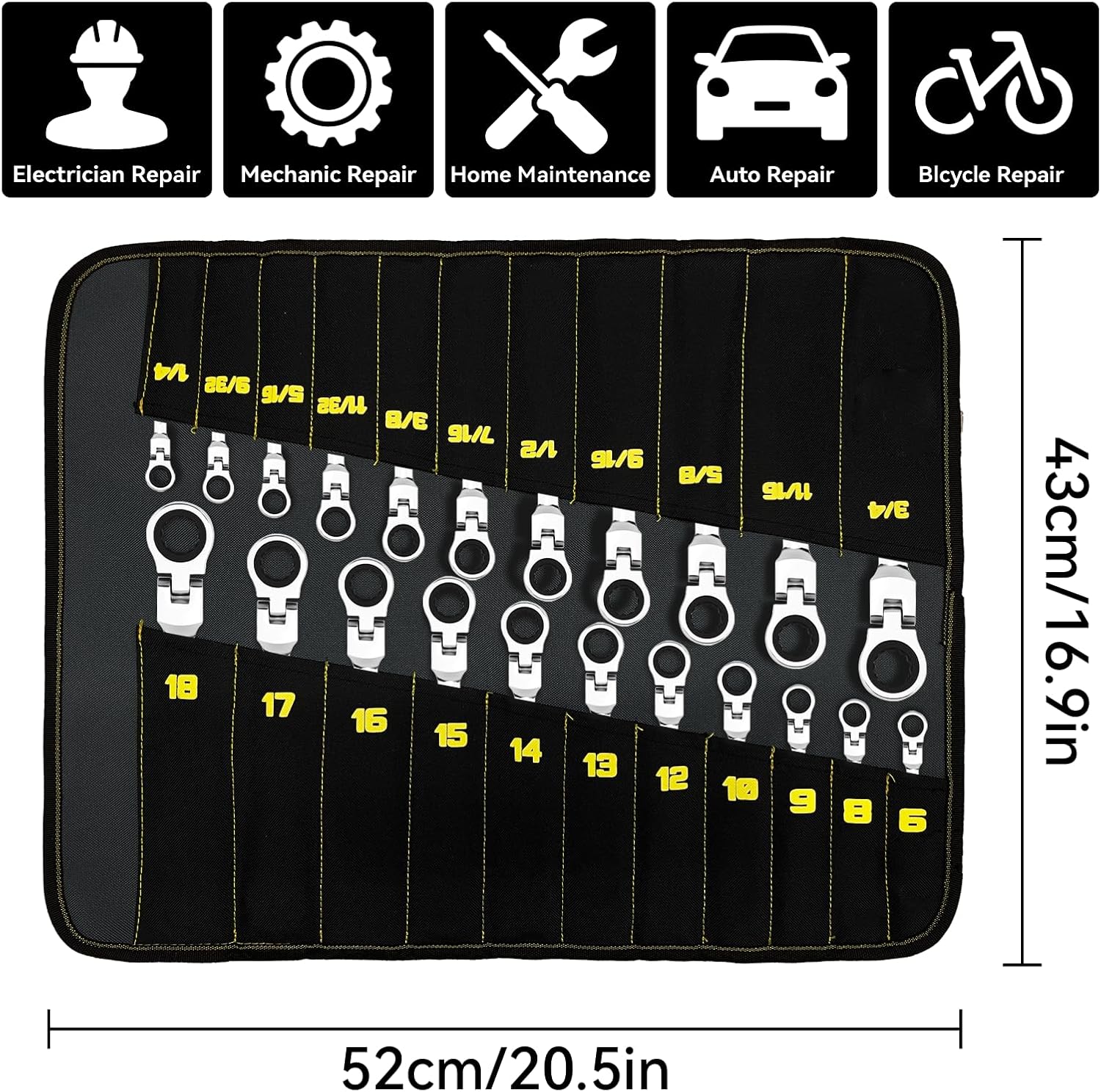 GRENPRO Ratchet Wrenches Set, 23PC Flex Head Ratcheting Wrench Set Metric and Standard & SAE, 6-18mm & 1/4 to 3/4 with Color Ring, CRV Open End Tool Organizer Pouch, Combination Ratchet Wrench Sets