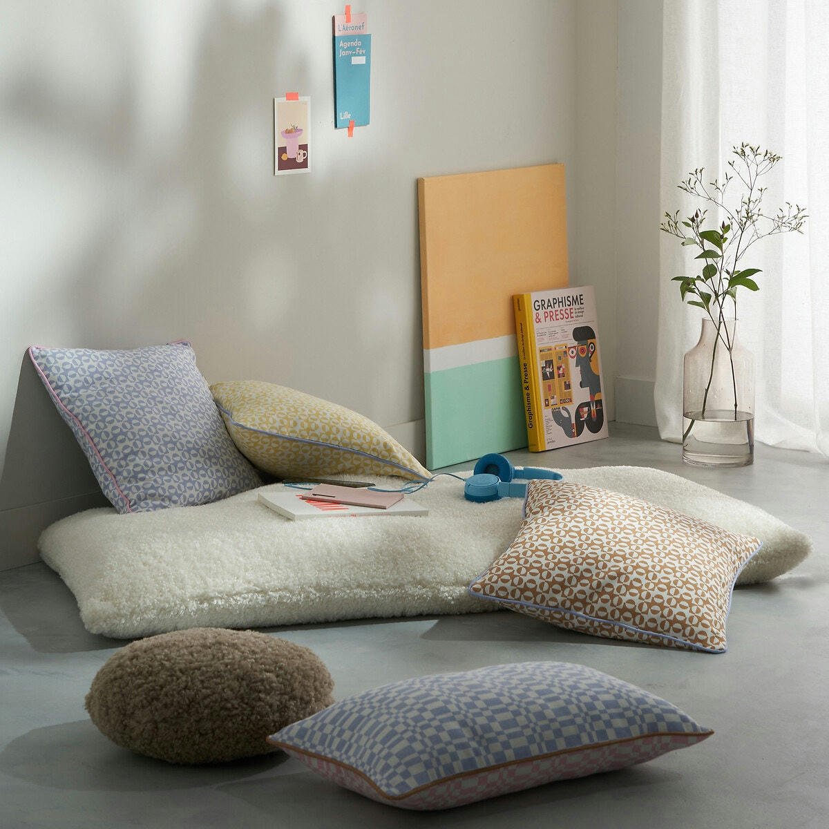 Coussin rond fourrure d'imitation moutonnée, Ouate