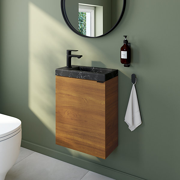 Meuble lave-mains effet noyer l.44 cm Imandra   plan vasque effet marbre noir, GoodHome