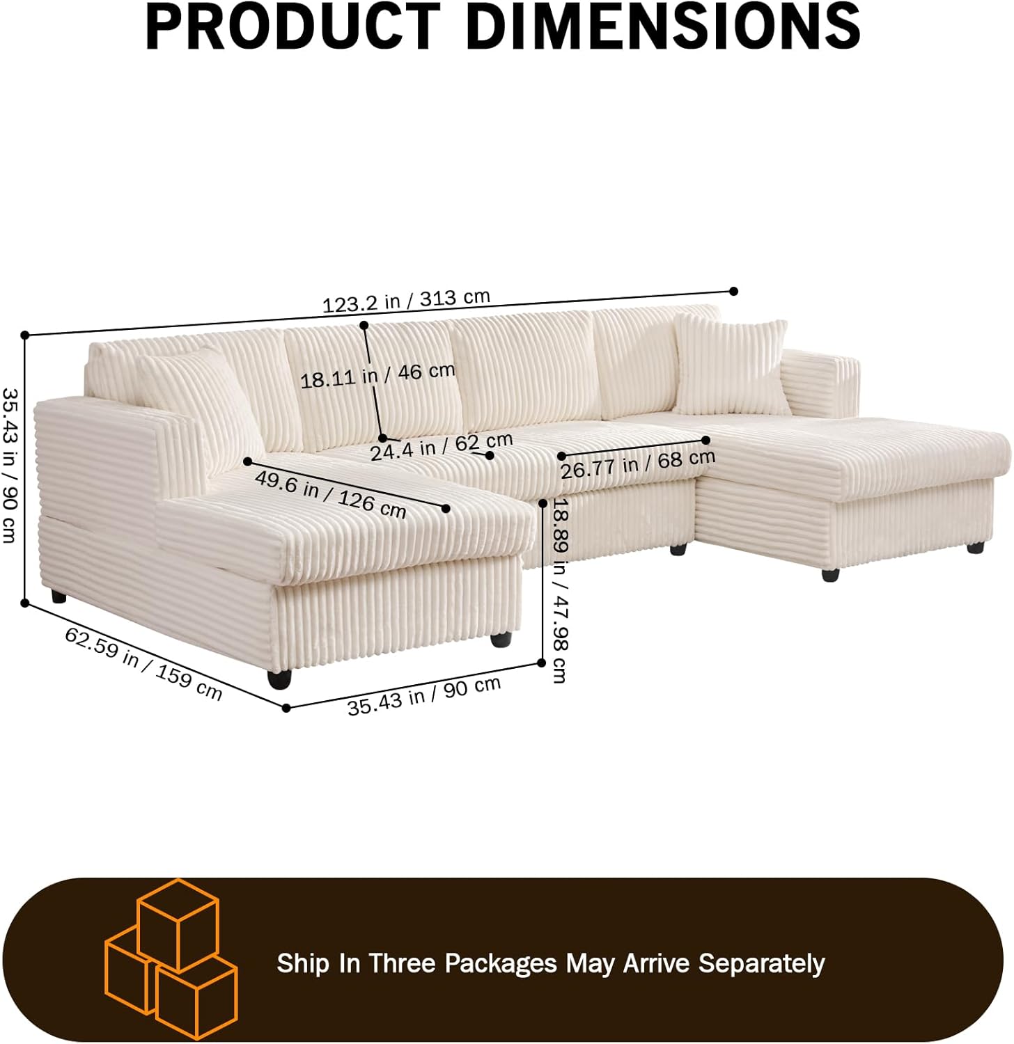 123 U-Shaped Modular sectional Sofa, Two L-Shape Chaise with 2 Cloud Couch sectional with Two Pillows, couches for Living Room (Beige)