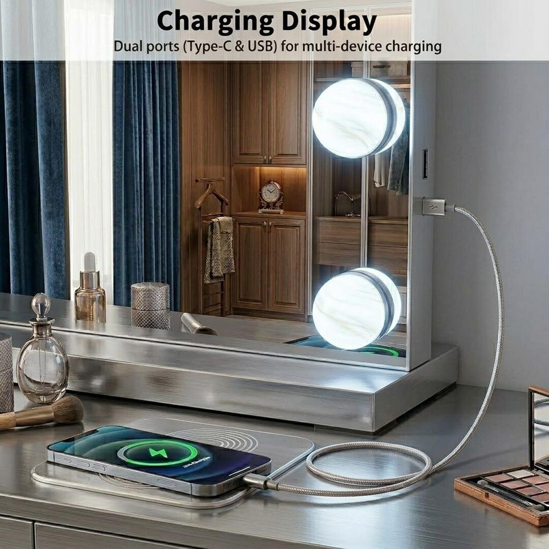 ATEK Hollywood Vanity Mirror with Lights 58x45cm Lighted Makeup Mirror 3 Color Modes Smart Touch Control USB Type C Ports