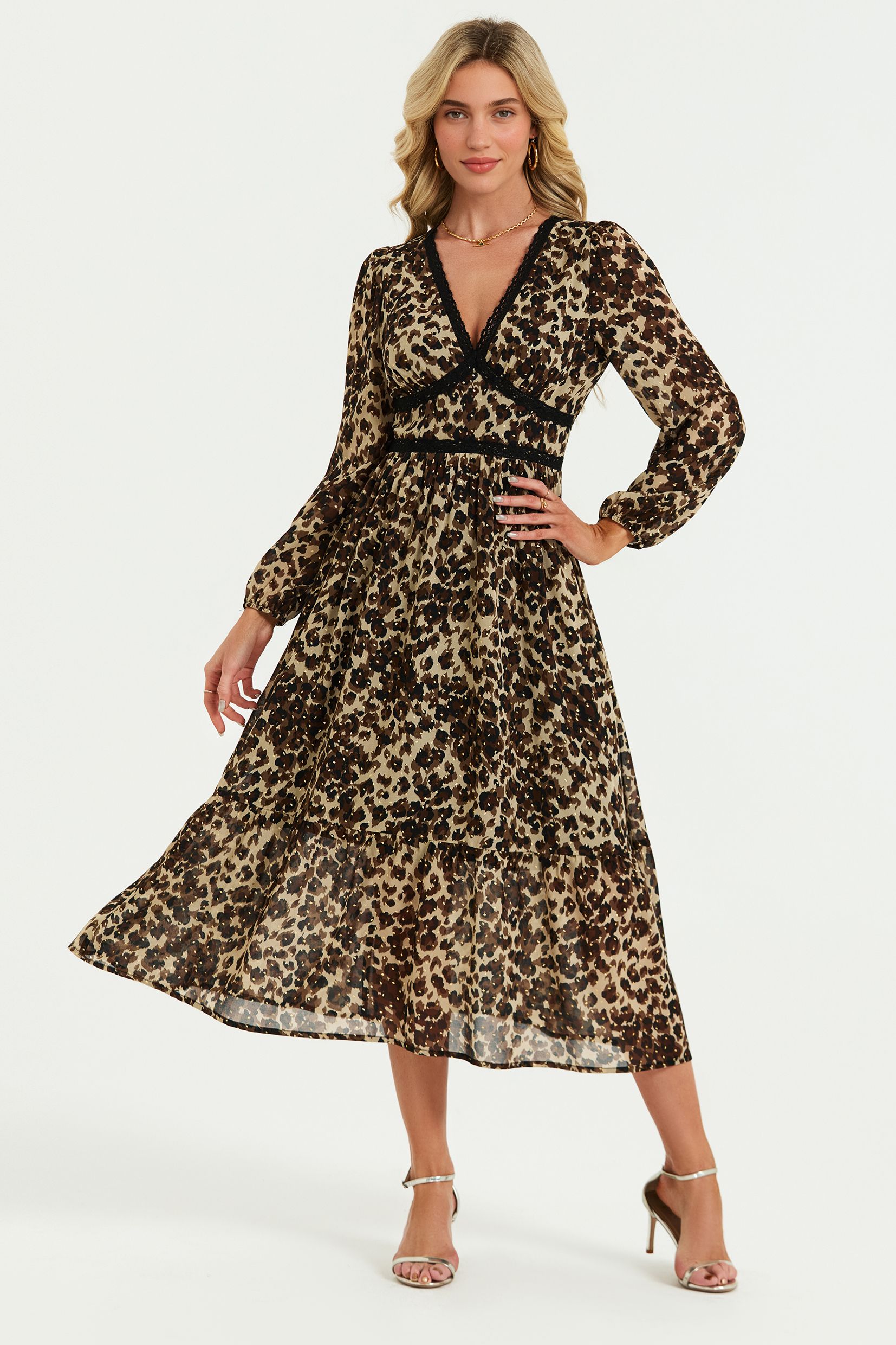 FS Collection Leopard Print Foil Lace Trim Long Sleeve Maxi Dress In Brown
