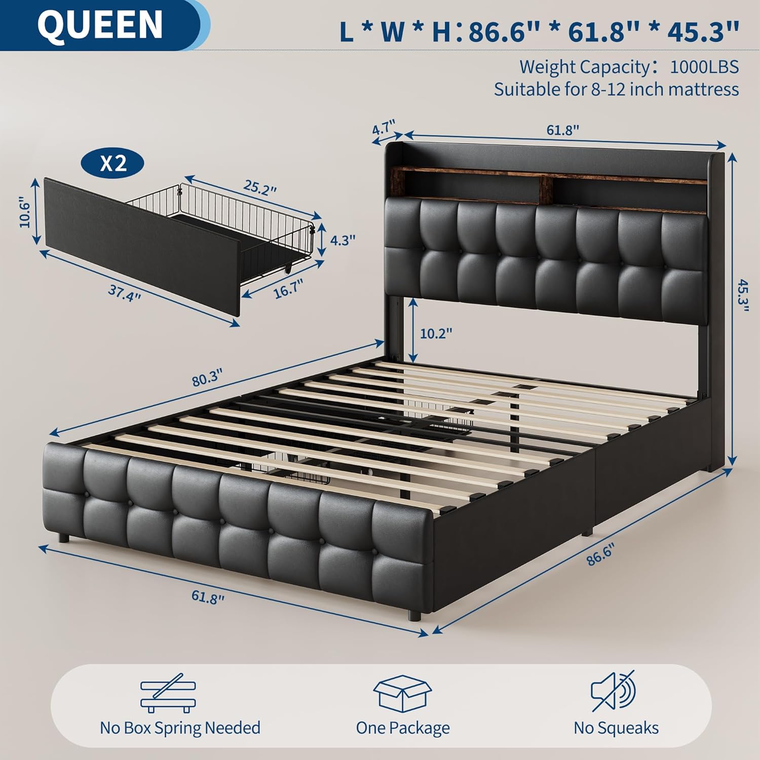 Garvee Queen Size Bed Frame with 2 Storage Drawers, Upholstered Bed Frame Queen with LED Light, Double-Layer Bedside Headboard with Charging Socket and USB Port, Soft Plush Fabric, White
