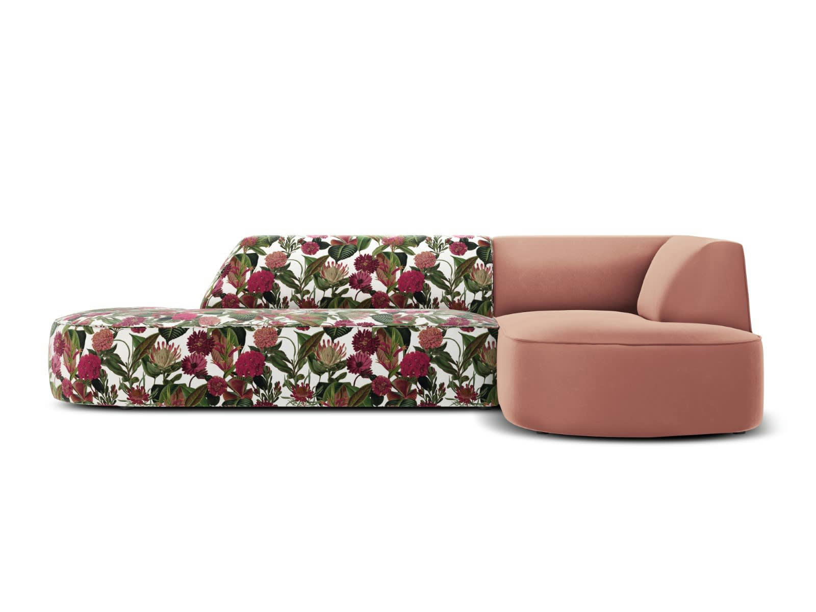 CHARLES - Canapé D'Angle Droit 4 places en Velours Motif de Rose de Jardin,Rose