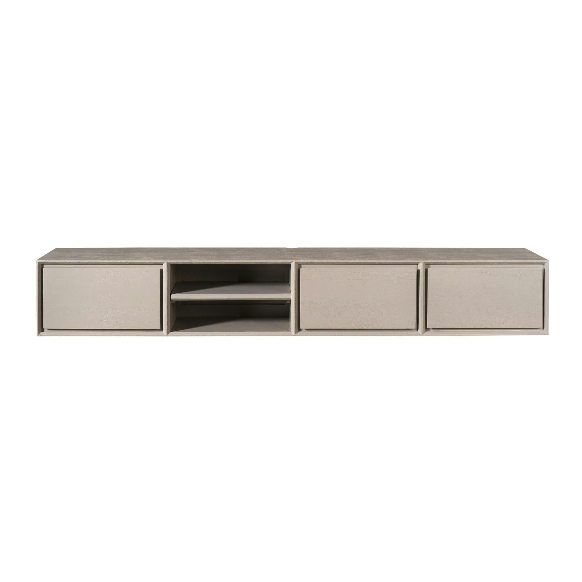 Long meuble TV suspendu bois taupe 3 tiroirs 1 niche 240 cm AERA
