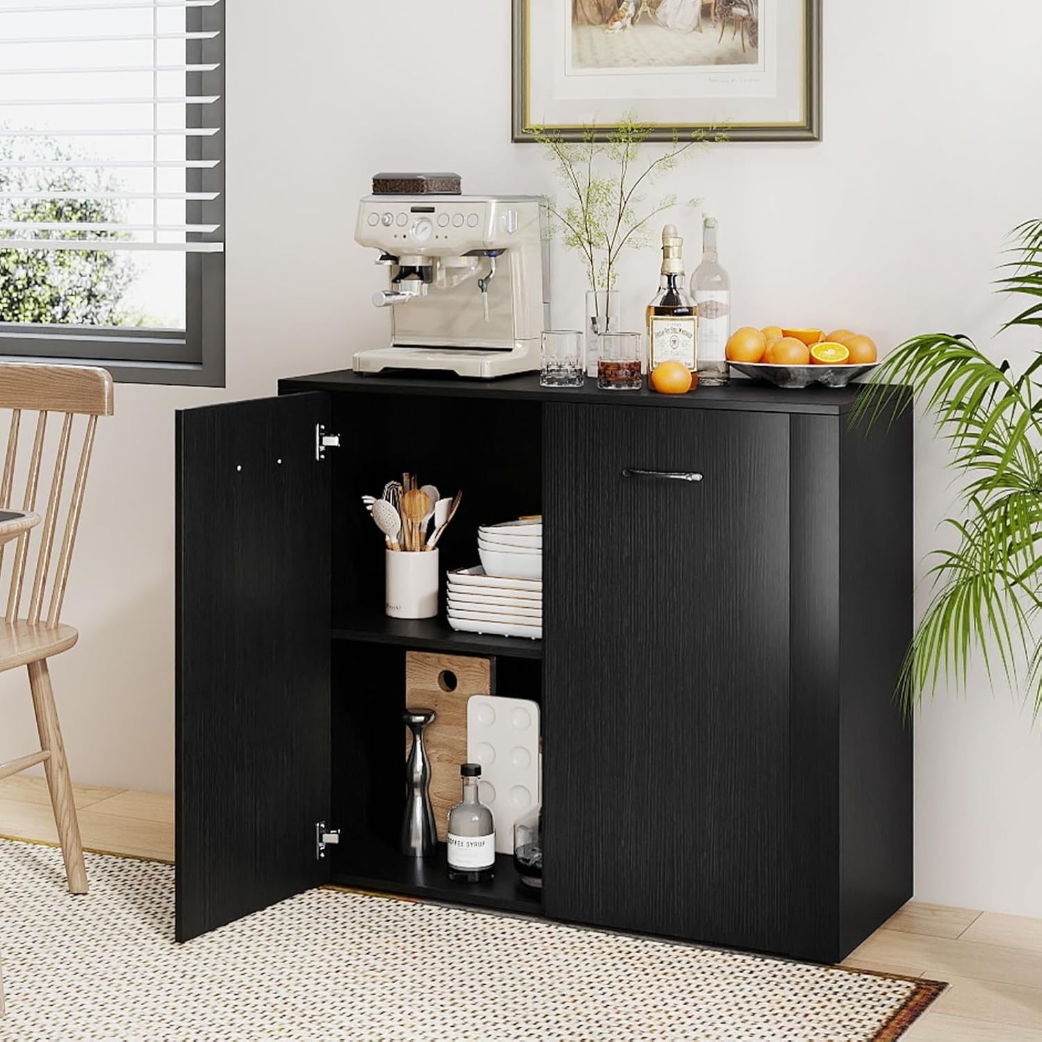 Giantex 38-Inches Storage Cabinet, Sideboard with 2 Doors and 4 Cubic Shelves, Anti-Tipping Device, Sturdy Metal Hings, Credenza, Bathroom Cabinet for Living Room, Kitchen, Entryway, Black