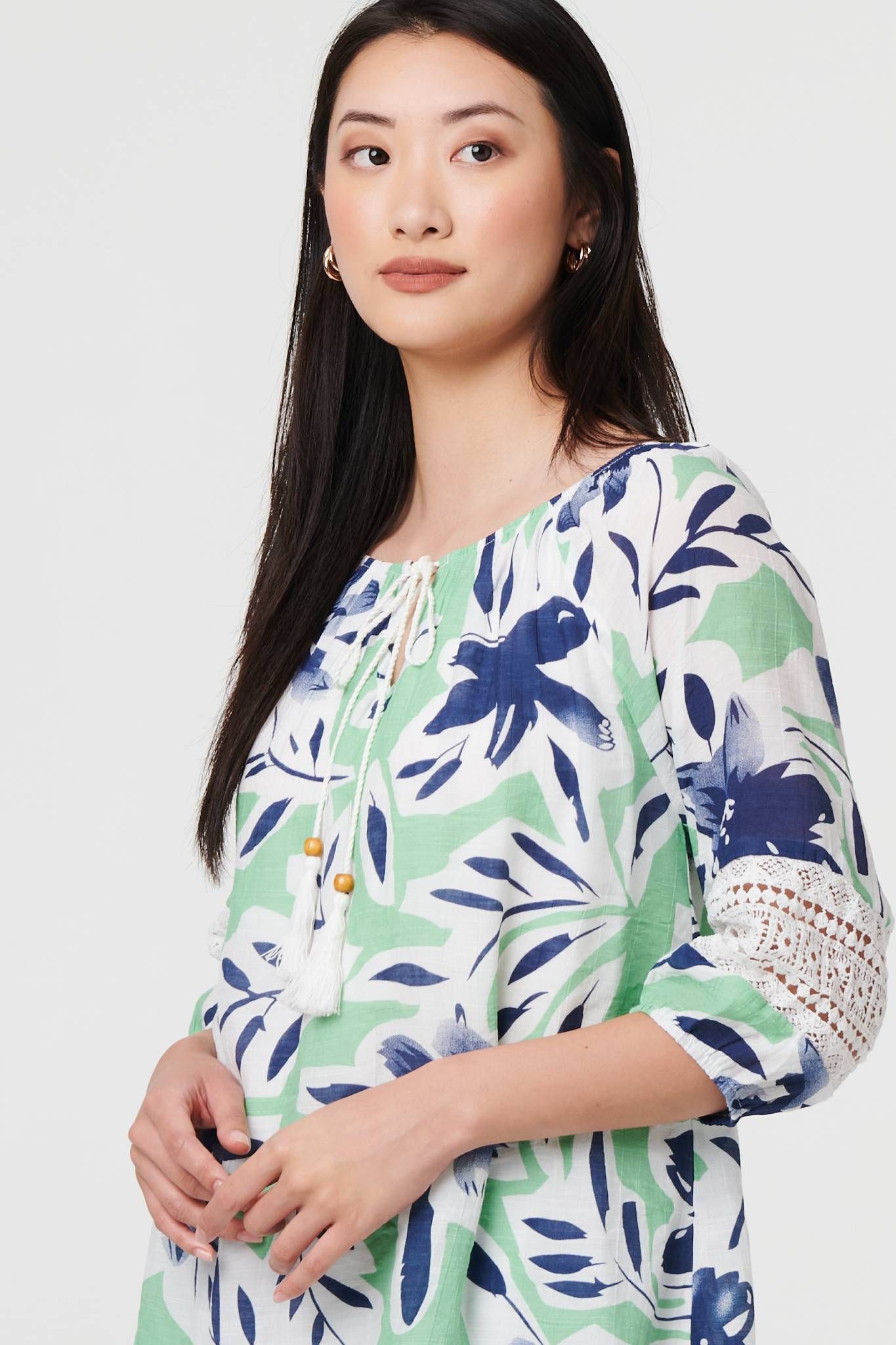Izabel London Leaf Print Lace Trim Bardot Blouse