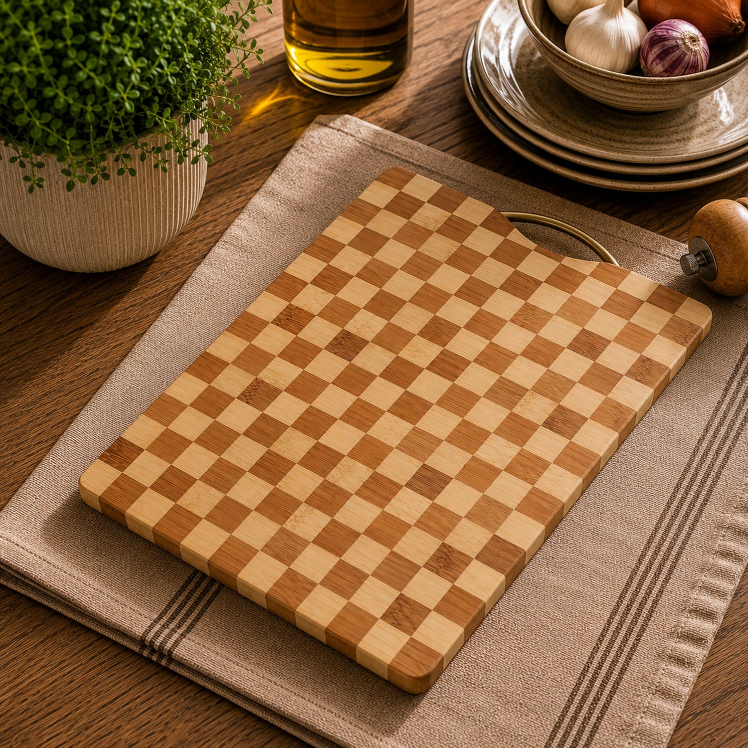 Tagliere 39,5x24 cm bambù scacchiera con manico
