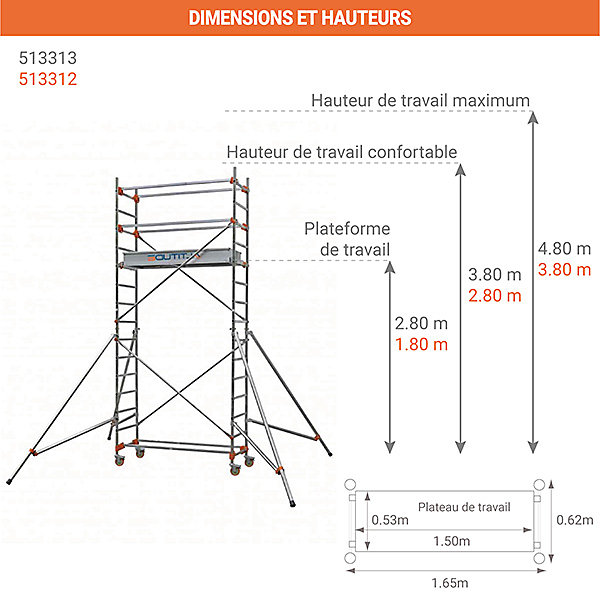 Echafaudage roulant - Hauteur de travail maximale 3.80m (hors norme EN1004) - 613312