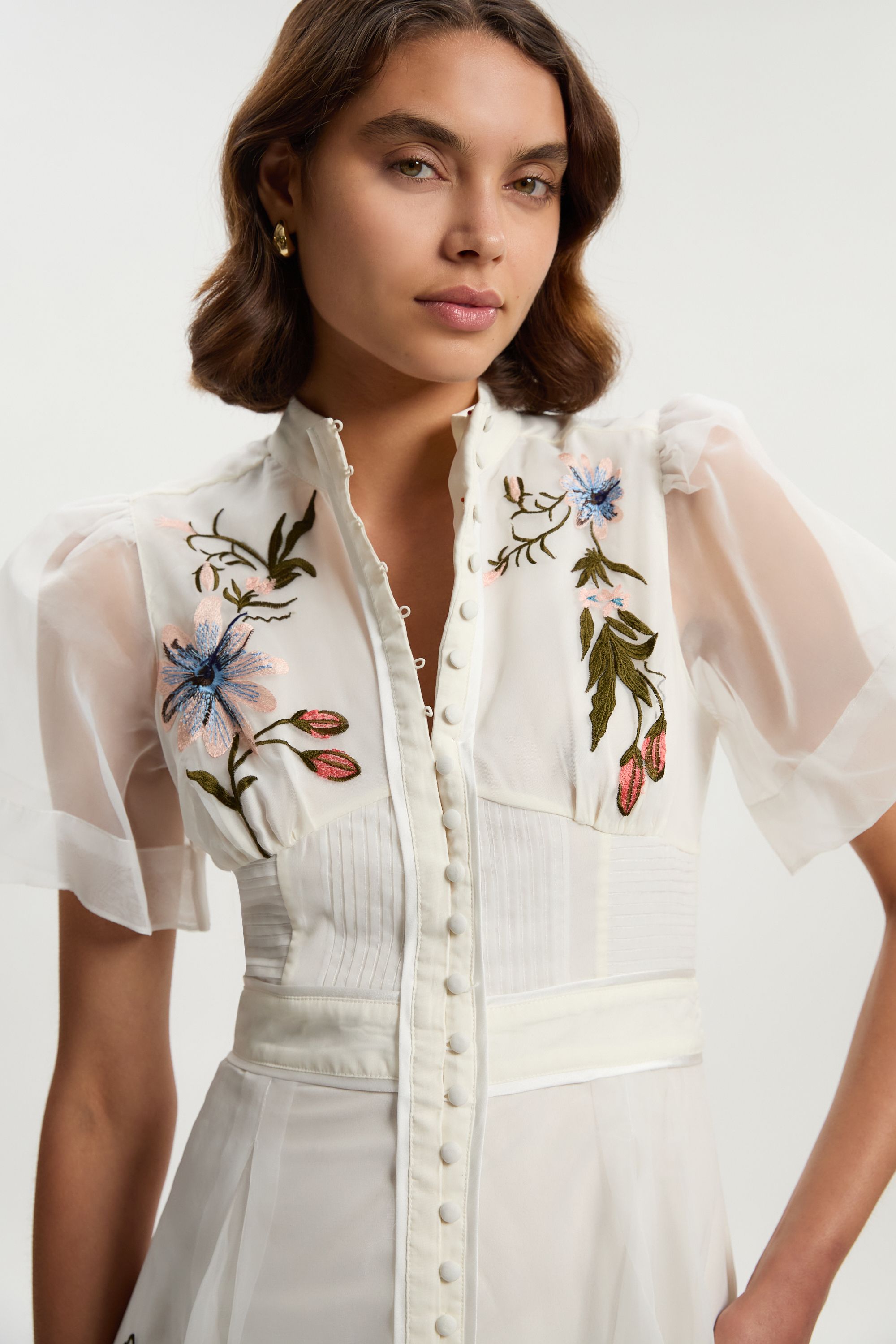 KarenMillen Botanical Embroidery Organdie Angel Sleeve Midi Dress