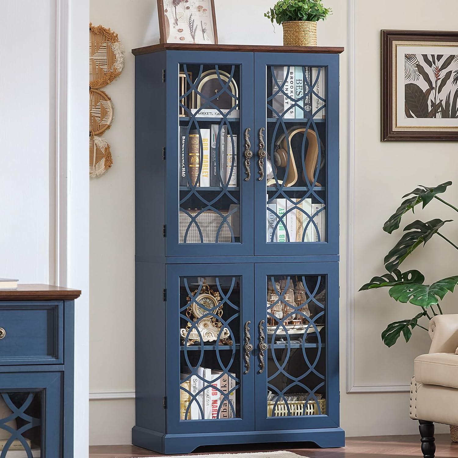 67 Tall Bookshelf, Rustic Book Shelf w/Vintage Pattern Tempered Glass Doors, 5-Tier Wood Bookcase with Adjustable Storage Shelves, Retro Curio Display Cabinet for Living Room, Navy Blue