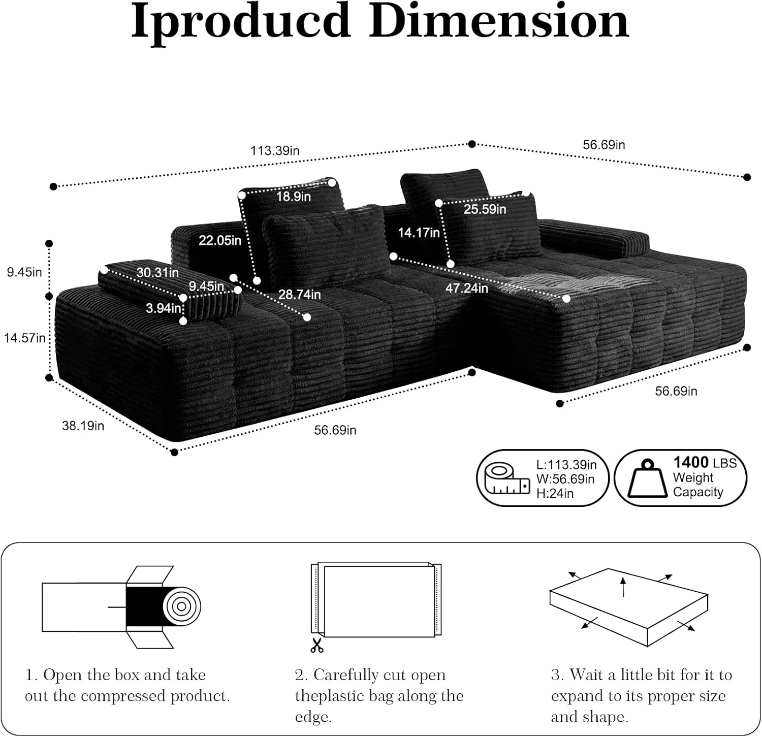 114 Sectional Couches for Living Room Cloud Couch Sofa with L-Shape Upholstered Boneless Couchs Modern Modular Sectional Couch with Chaise (Black, 114 W+Right Facing Chaise) | boneless couch, No Assembly Required