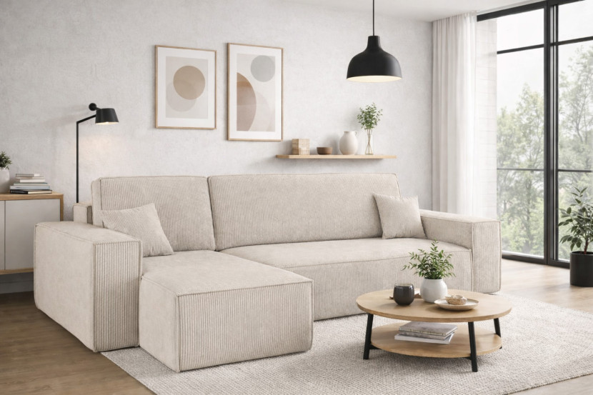 Sofa w kształcie L BEST narożnik, tkanina Poso, Beżowy Lewostronny