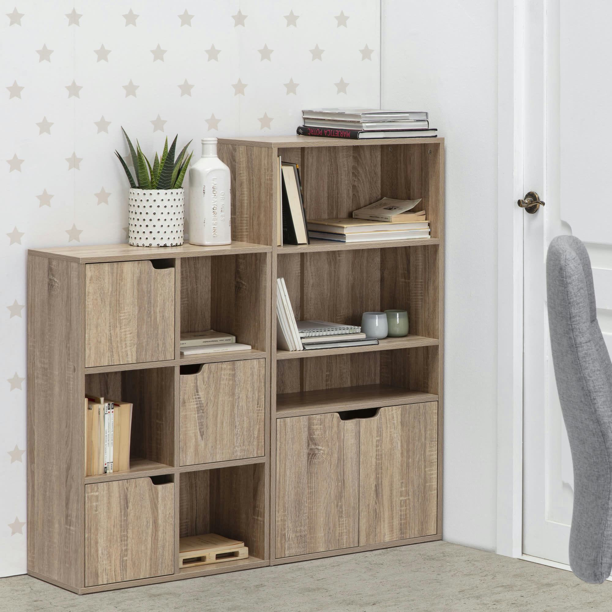 MARTIN - Étagère de rangement de bureau, couleur chêne 3 cases et 2 portes