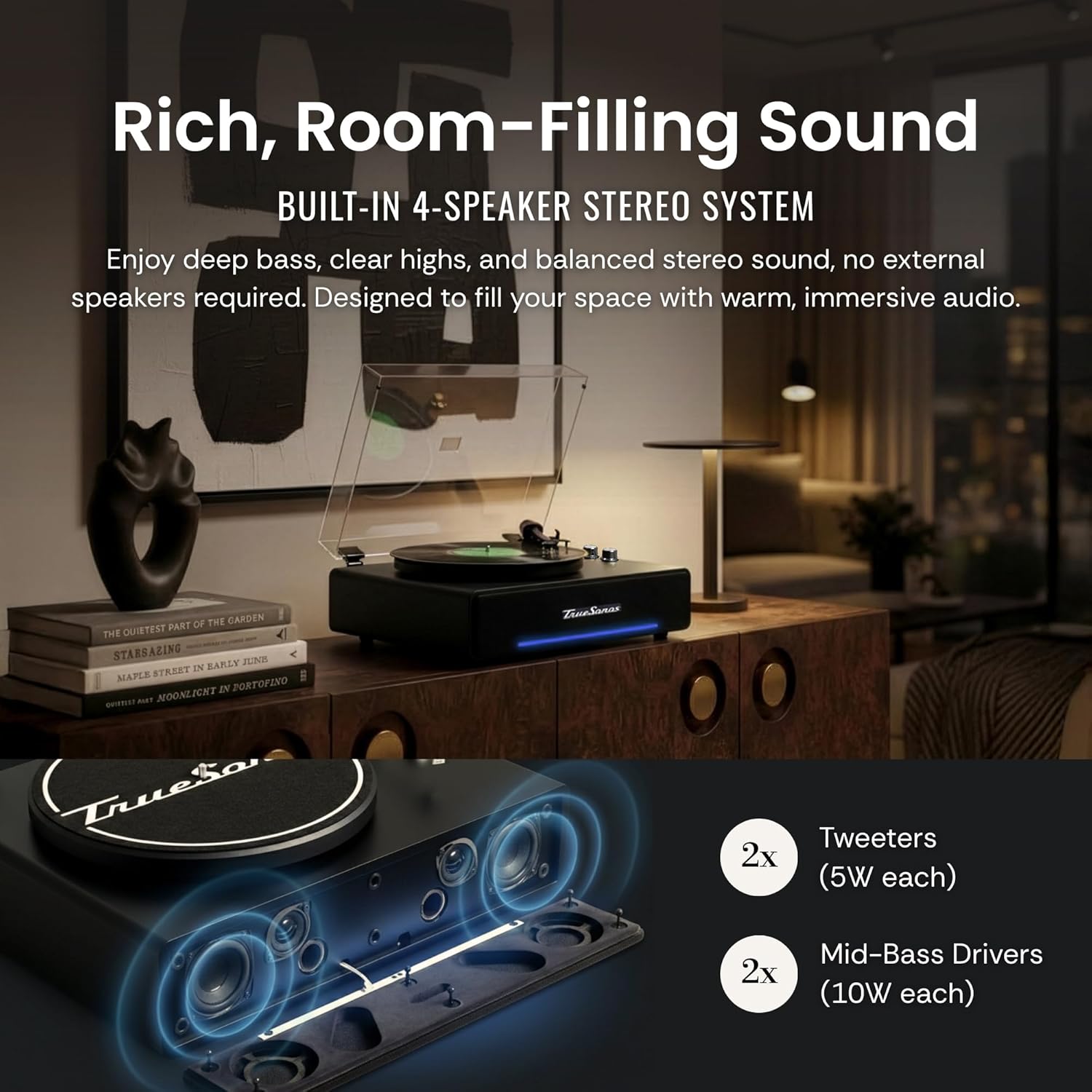 Hi-Fi Record Player with Speakers | Premium Vinyl Turntable with Bluetooth Capability | Built-in 4-Speaker Stereo System for Music Fans  Black Veneer + Black Trim