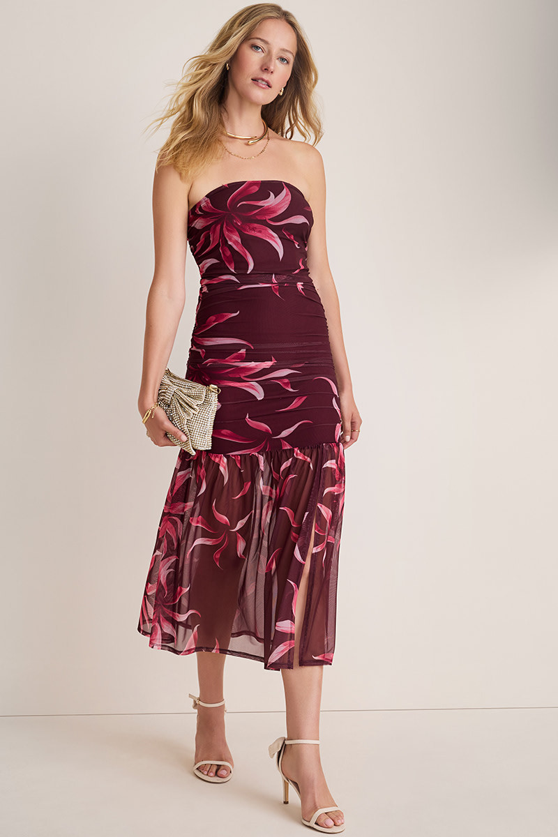 Liz Floral Mesh Strapless Midi Dress