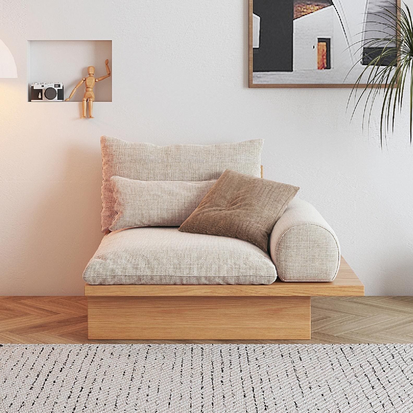 JASIWAY Cotton Line Beige Sofa With Wood Frame