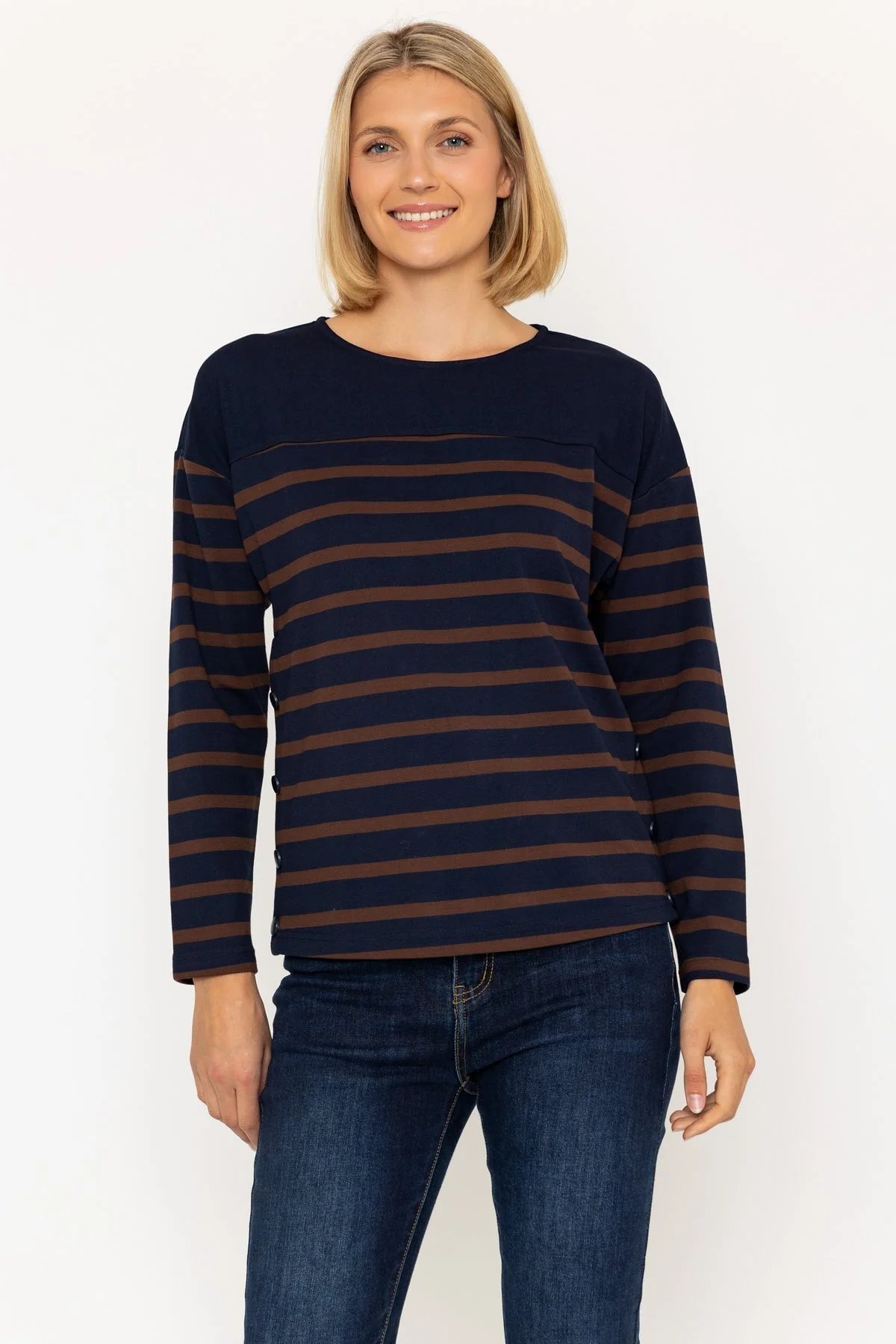 Navy & Brown Striped Jersey Top with Side Buttons
